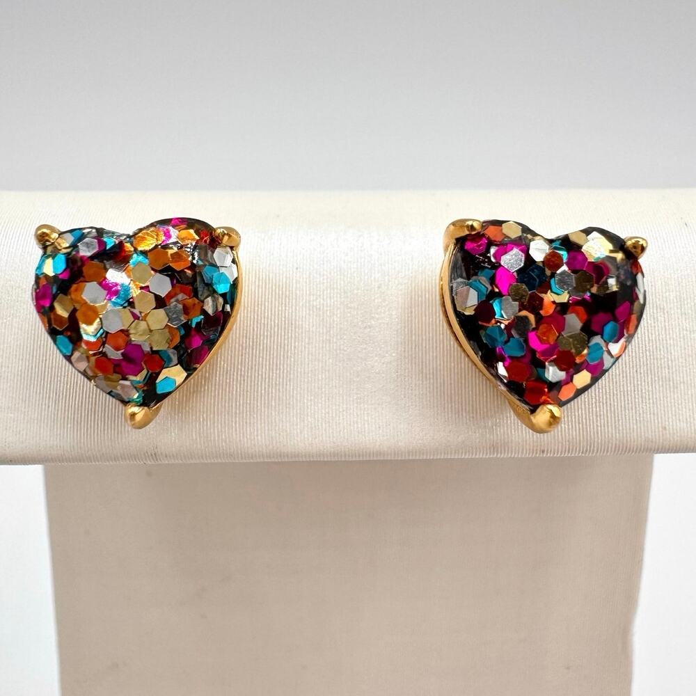 Kate Spade New York My Love Studs Glitter Heart Earrings Signed Designer Girly